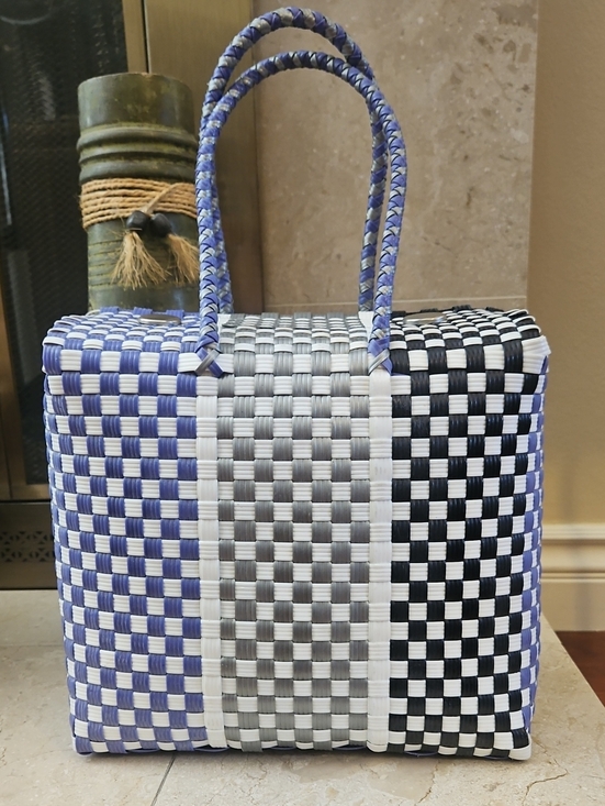 Handbags - Woven Checker Tote Bag in Blue, Gray & Black